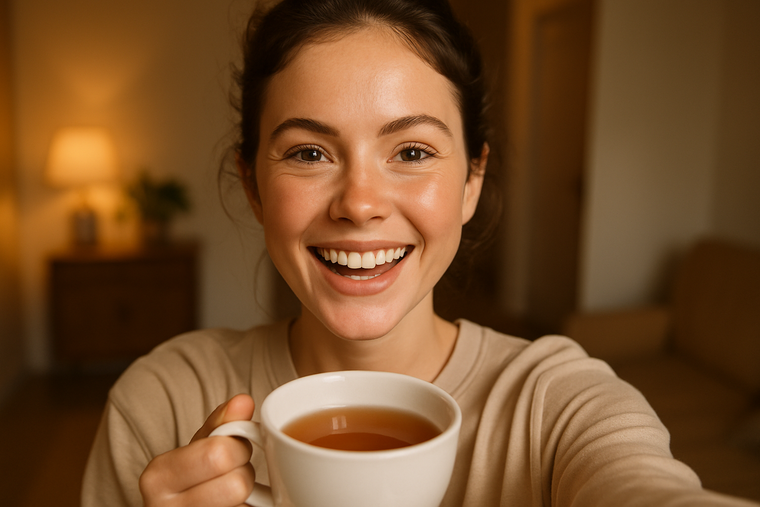 TIKTOK STYLE SELFIE GIRL GOOD SKIN HAPPY DRINKING TEA FACE FRONT TO CAMERA